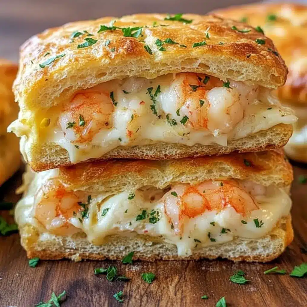 Golden brown Shrimp And Crab Biscuit Melts on a baking tray, filled with creamy shrimp and crab mixture, brushed with melted butter, and topped with parsley — the perfect Easy Party Entrees For A Crowd.