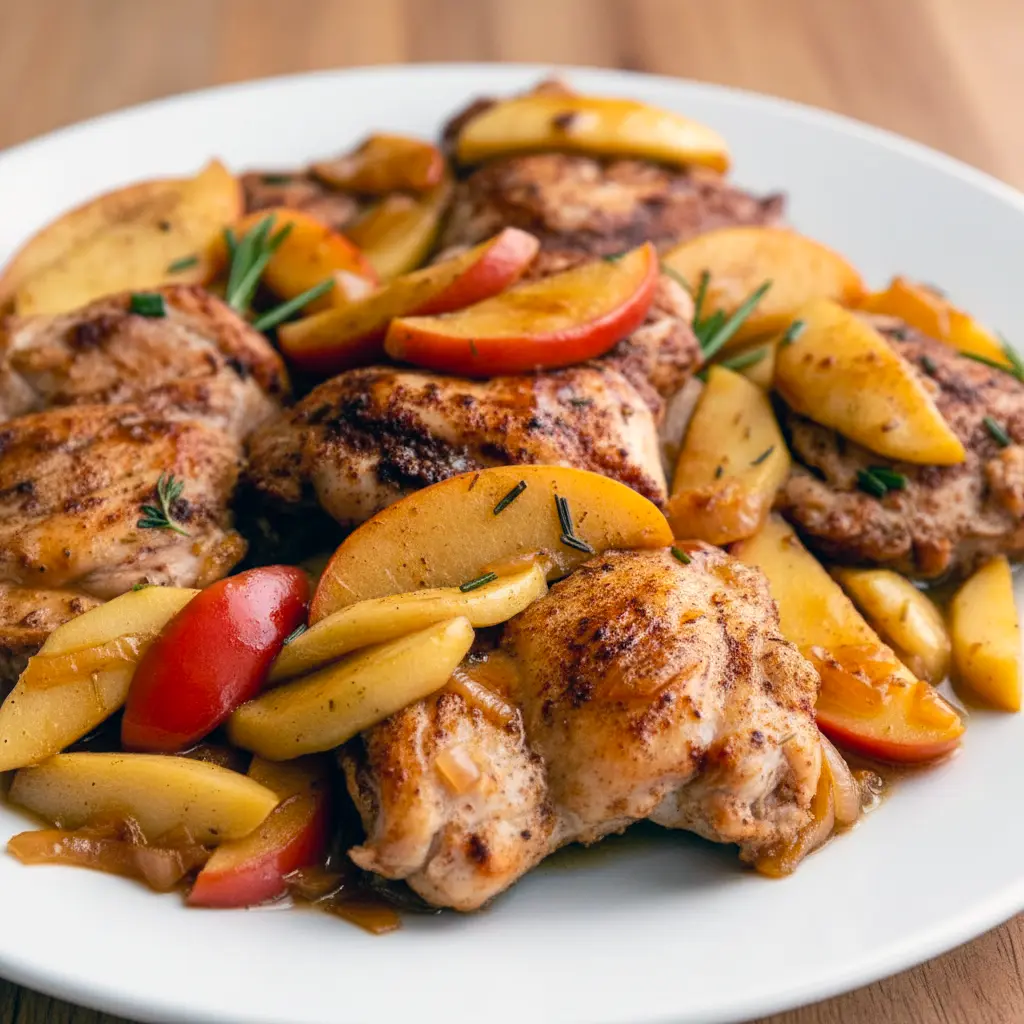 Golden skillet with seared chicken thighs, sautéed apple slices and shallots in a glossy apple-cider sauce, garnished with thyme, Fall Dinner Recipes.
