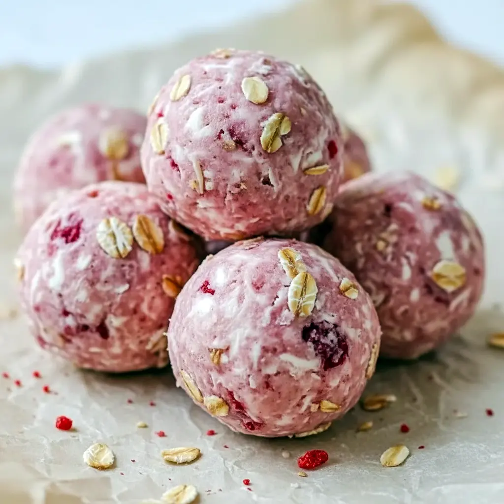 Close-up of strawberry cheesecake protein balls on parchment, dusted with crushed freeze-dried strawberries and arranged on a small serving plate.