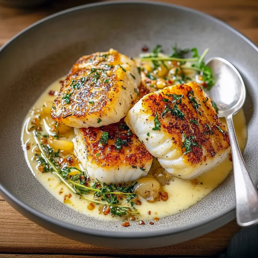 Pan-seared cod fillets topped with rich Garlic Cream Sauce, garnished with parsley and lemon wedges — a stunning and flavorful Fish Dinner perfect for seafood lovers.