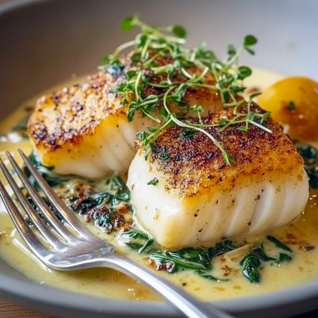 Pan-seared cod fillets topped with rich Garlic Cream Sauce, garnished with parsley and lemon wedges — a stunning and flavorful Fish Dinner perfect for seafood lovers, Cod Fish Recipes.
