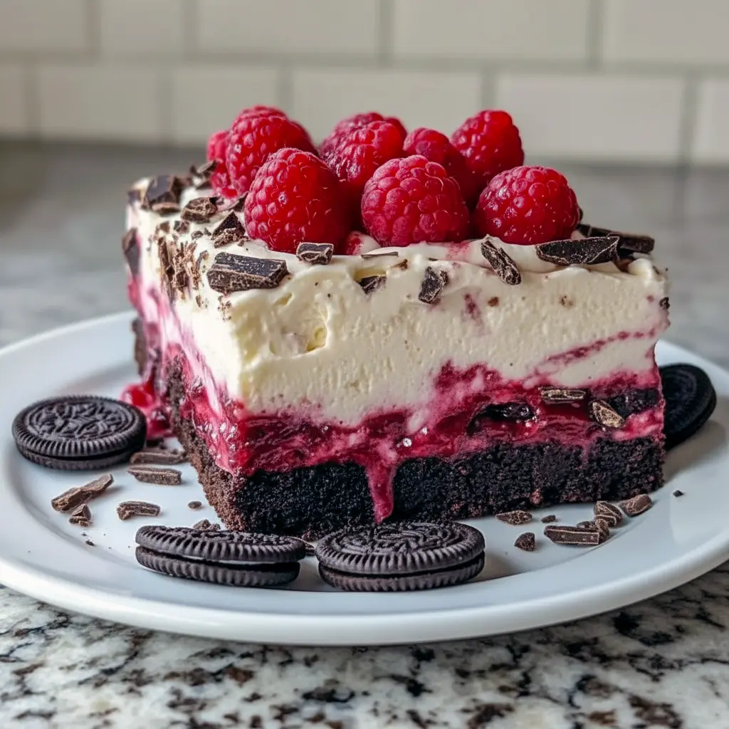 Close-up of a slice of raspberry chocolate lasagna showing a chocolate cookie crust, a dark chocolate pudding layer, a pink raspberry-cream layer, whipped topping, fresh raspberries, and chocolate shavings on a dessert plate, Raspberry Layered Dessert.