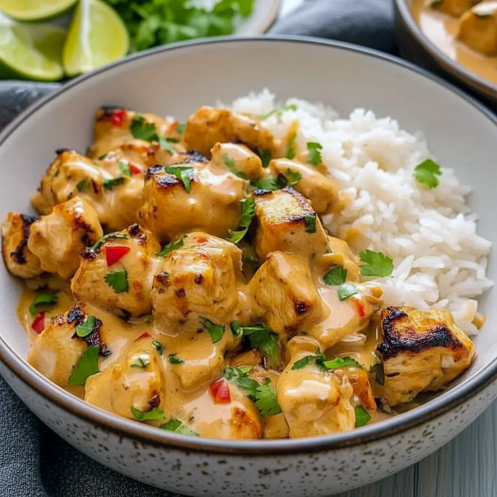 Skillet of Thai peanut chicken tossed with chopped peanuts and cilantro, served over jasmine rice, Easy Thai Dinner.