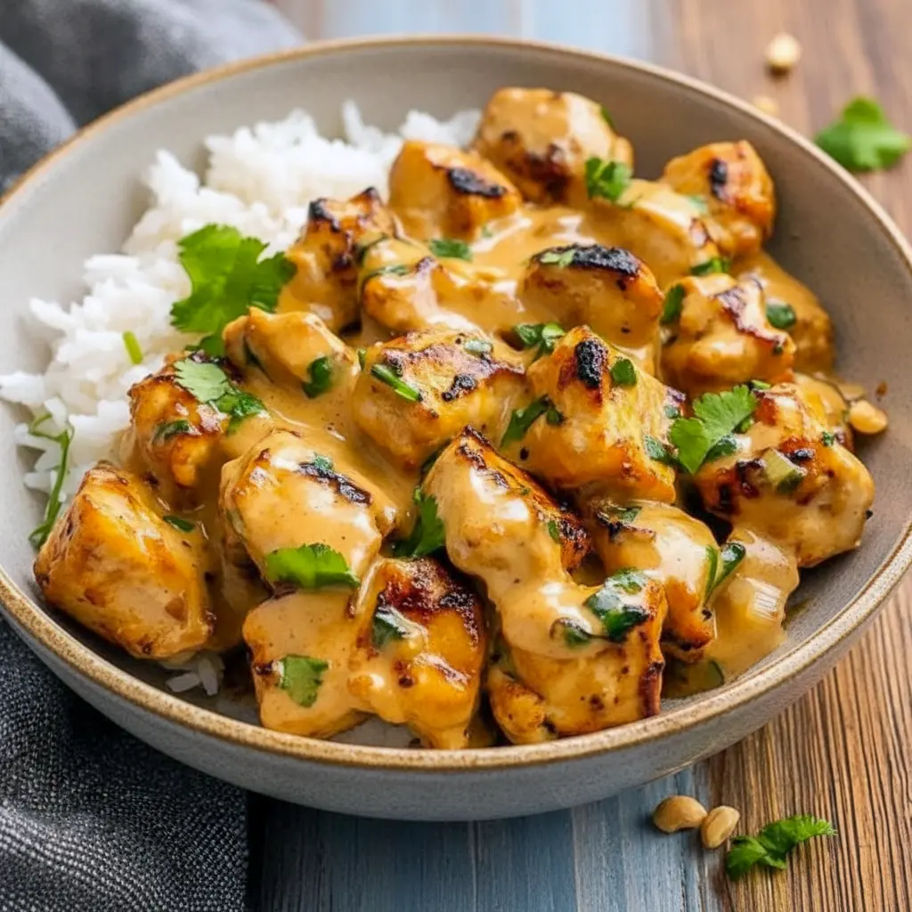 Skillet of Thai peanut chicken tossed with chopped peanuts and cilantro, served over jasmine rice, Easy Thai Dinner.