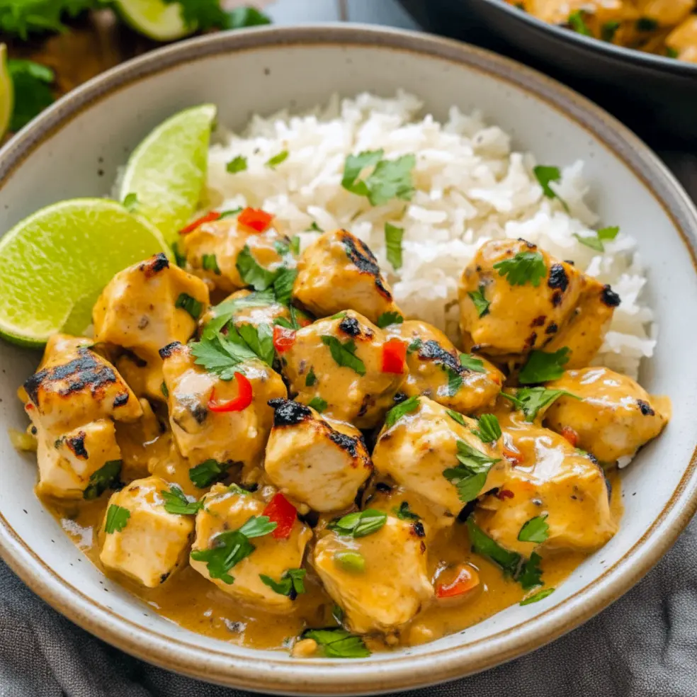 Skillet of Thai peanut chicken tossed with chopped peanuts and cilantro, served over jasmine rice, Easy Thai Dinner.