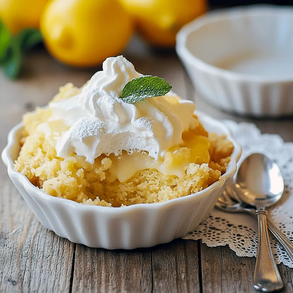 Close-up of a golden lemon cobbler bubbling with syrup, topped with a dollop of ice cream — a tempting Lemon Curd Dessert Recipes idea, almost like a silky Lemon Bisque Dessert, listed among quick Cobblers Recipes and classic Lemon Cobbler Recipes.