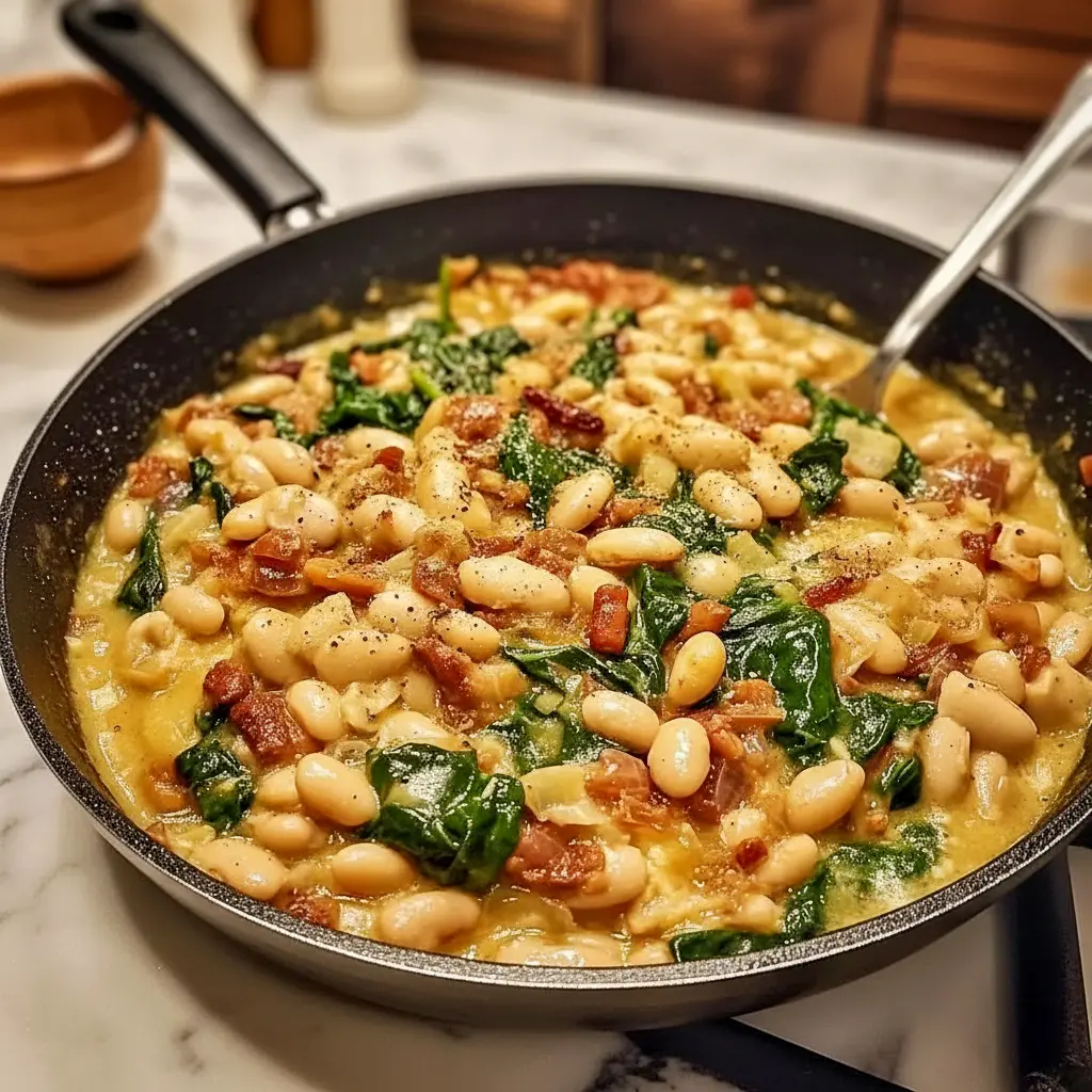 Skillet of creamy white beans, wilted spinach, and sun-dried tomatoes finished with grated Parmesan and fresh herbs, served with crusty bread, Easy Healthy Dinner Fall.