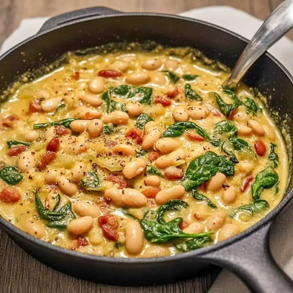 Skillet of creamy white beans, wilted spinach, and sun-dried tomatoes finished with grated Parmesan and fresh herbs, served with crusty bread.
