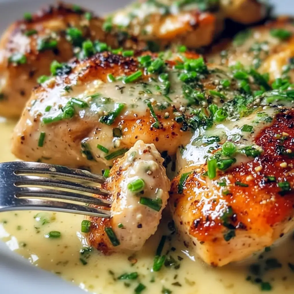 Creamy Chicken with Boursin Sauce served in a skillet, garnished with parsley and chives — a comforting and elegant dish perfect for easy weeknight Boursin Recipes and flavorful Chicken Main Dishes.
