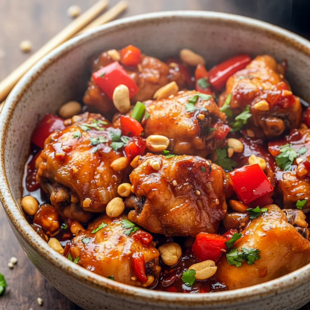 Best Recipes Crockpot — slow-cooker Kung Pao chicken glazed in sticky sauce with peanuts and red peppers, shown in a ceramic crock; a vivid Crock Pot Dish photo that represents tasty Good Crockpot Chicken Recipes, chunky Crockpot Chicken Chunks and spicy Hot Pot Chicken Recipes, a cozy Pots Recipes shot that doubles as an Elevated Crockpot Meals idea and practical Dinner Ideas In Crockpot.