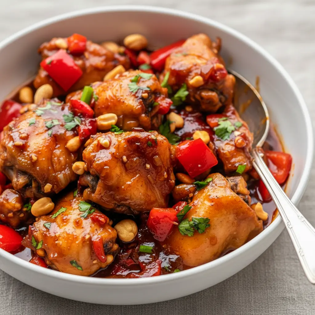 Best Recipes Crockpot — slow-cooker Kung Pao chicken glazed in sticky sauce with peanuts and red peppers, shown in a ceramic crock; a vivid Crock Pot Dish photo that represents tasty Good Crockpot Chicken Recipes, chunky Crockpot Chicken Chunks and spicy Hot Pot Chicken Recipes, a cozy Pots Recipes shot that doubles as an Elevated Crockpot Meals idea and practical Dinner Ideas In Crockpot.