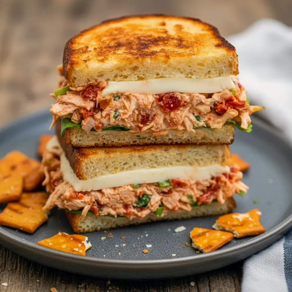 Close-up of a sun-dried tomato chicken salad on toasted sourdough with basil — a grab-and-go Fun Chicken Salad Recipes idea perfect for Pre Made Lunches, simple Lunch Chicken Meal Prep, loaded with Meals With Sundried Tomatoes, styled like a Gourmet Chicken Salad, great as Sides For Chicken Salad Sandwiches, turnable into a Loaded Chicken Salad, ideal for Sandwich Salad Recipes, and ultimately a classic Chicken Salad With Sundried Tomatoes.