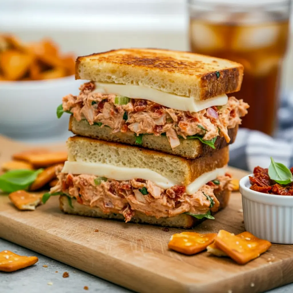 Close-up of a sun-dried tomato chicken salad on toasted sourdough with basil — a grab-and-go Fun Chicken Salad Recipes idea perfect for Pre Made Lunches, simple Lunch Chicken Meal Prep, loaded with Meals With Sundried Tomatoes, styled like a Gourmet Chicken Salad, great as Sides For Chicken Salad Sandwiches, turnable into a Loaded Chicken Salad, ideal for Sandwich Salad Recipes, and ultimately a classic Chicken Salad With Sundried Tomatoes.