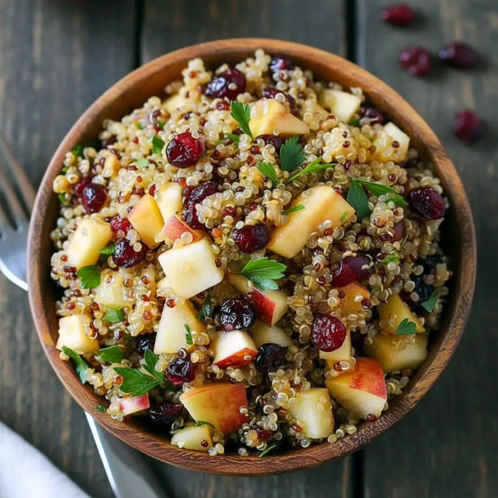 Bowl of cranberry apple quinoa salad with diced apples, dried cranberries, chopped parsley, and sliced almonds, tossed in a light vinaigrette and served on a wooden table, Best Salad Recipes.