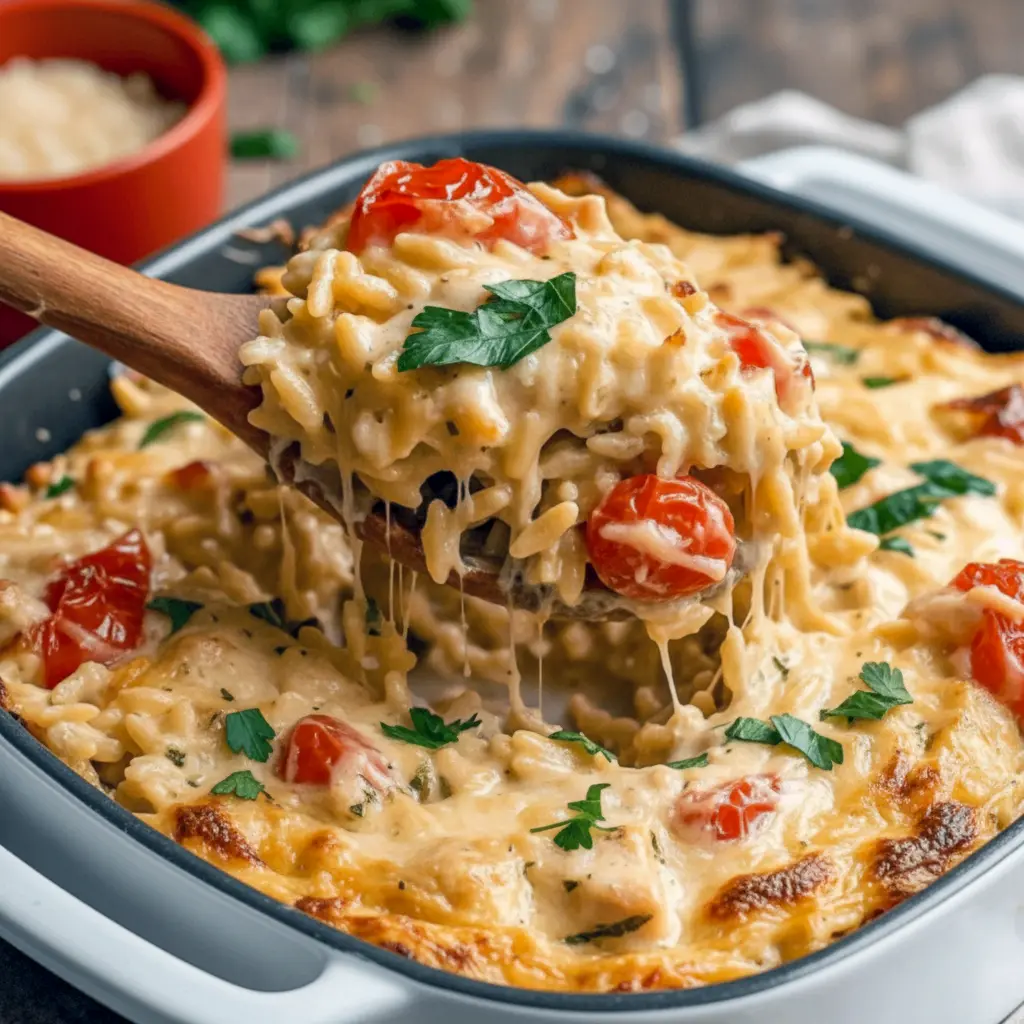 Easy Chicken Orzo Bake in a casserole dish with bubbly mozzarella, halved cherry tomatoes and wilted spinach — a cozy Chicken Orzo Pasta Bake / Orzo Baked Chicken shot that’s ideal for Dinners For Three People or Supper For 2 Ideas, a simple Easy Dinner Recipes Oven Bake made with Recipes With Already Cooked Chicken for fast One Dish Dinners Oven and a satisfying Iron Filled Meals choice.