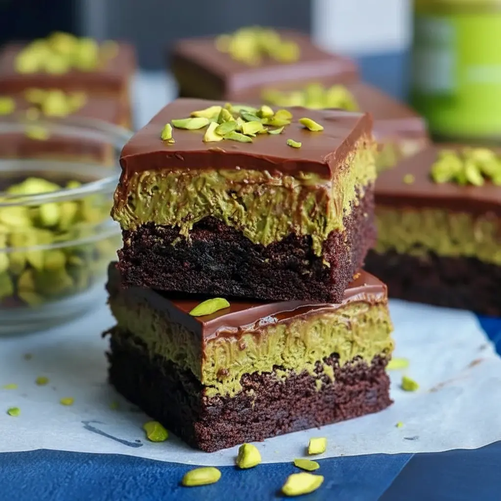 Close-up of a square pistachio kunafa brownie showing a fudgy chocolate base, crunchy golden kunafa-pistachio layer, and shiny chocolate top sprinkled with pistachio — a stunning Chocolate Pistachio Dessert worthy of Best Bakery Desserts, looking like a viral Pistachio Bar or copycat Dubai Brownies Recipe, and also reads as a luxe Chocolate Pistachio Bar, Kunafa Recipe Chocolate, Cool Desserts Recipes, Kunafa Brownie Recipe, and bite-sized Chocolate Dubai Cake.