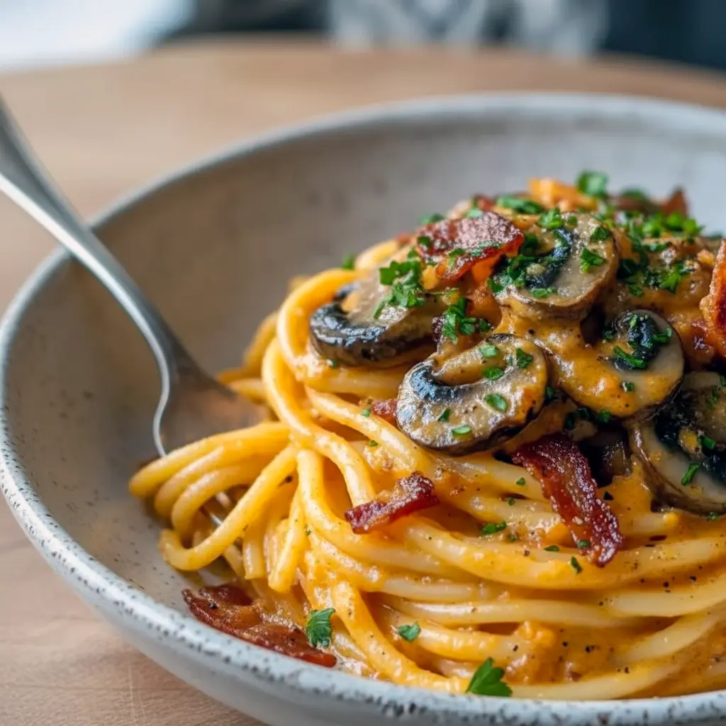 Fall Spaghetti Recipes — creamy pumpkin pasta with sautéed mushrooms and crispy bacon on a white plate, garnished with parsley and grated Parmesan.