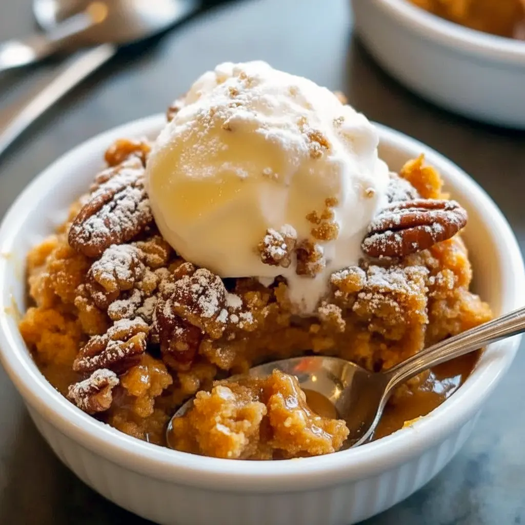 Pumpkin Pecan Cobbler Laurens Latest — close-up of a bubbling slice of Pecan Cobbler with melting ice cream, perfect for Cobbler Recipes.