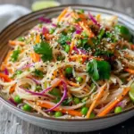 Colorful bowl of Easy Asian Noodle Salad with crisp vegetables, herbs, peanuts, and tangy Asian Noodle Salad Dressing, perfect for Best Salads For Lunch, Asian Food Potluck Ideas, and refreshing Cold Noodle Salads.