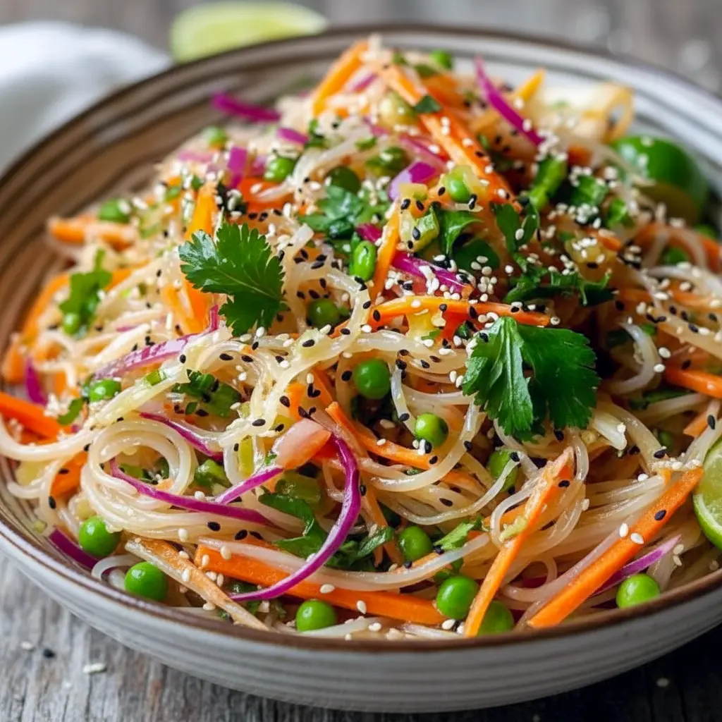 Colorful bowl of Easy Asian Noodle Salad with crisp vegetables, herbs, peanuts, and tangy Asian Noodle Salad Dressing, perfect for Best Salads For Lunch, Asian Food Potluck Ideas, and refreshing Cold Noodle Salads.