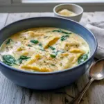 Steaming bowl of creamy Alfredo lasagna soup topped with a dollop of ricotta and chopped parsley, served with crusty garlic bread.
