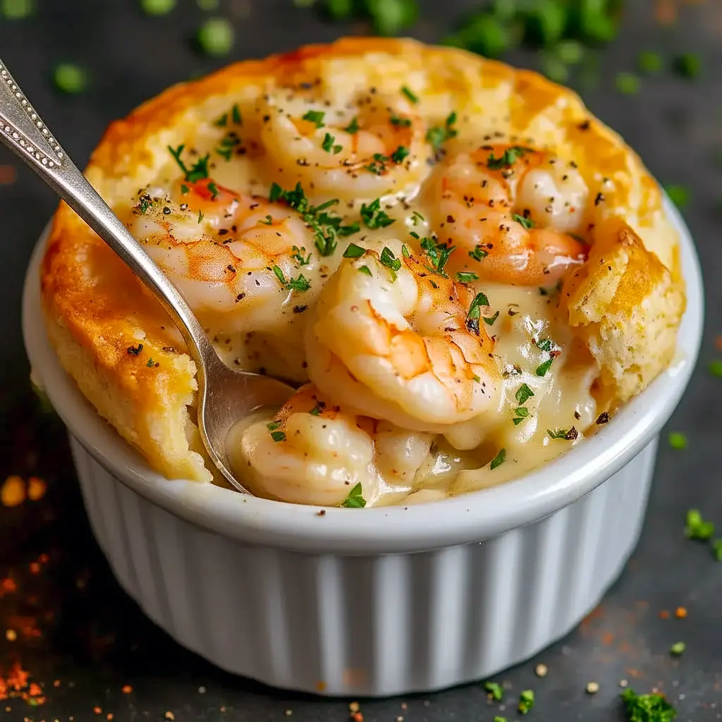 Golden-brown cheddar-biscuit topped pot pie split open to reveal creamy lobster and shrimp filling, garnished with parsley, Fancy Food Ideas.