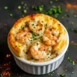 Golden-brown cheddar-biscuit topped pot pie split open to reveal creamy lobster and shrimp filling, garnished with parsley, Fancy Food Ideas.