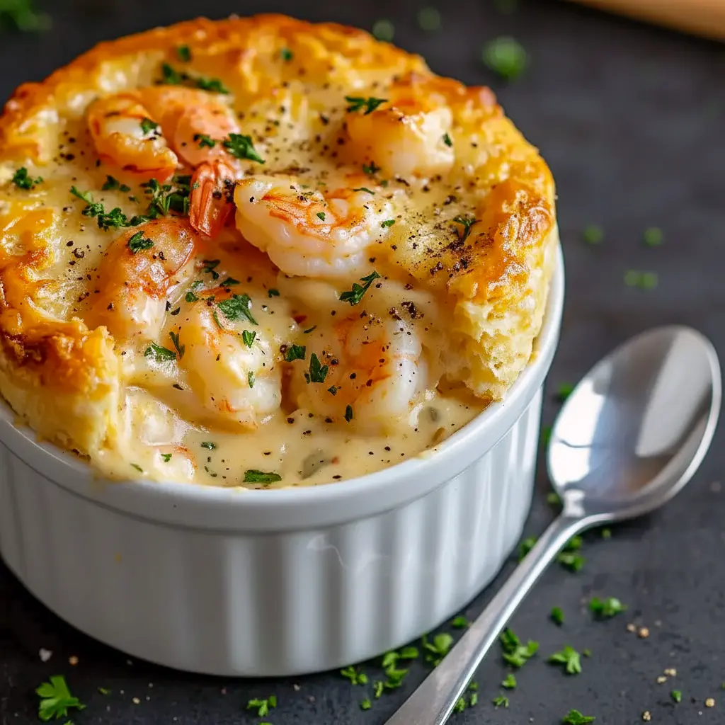 Golden-brown cheddar-biscuit topped pot pie split open to reveal creamy lobster and shrimp filling, garnished with parsley, Fancy Food Ideas.