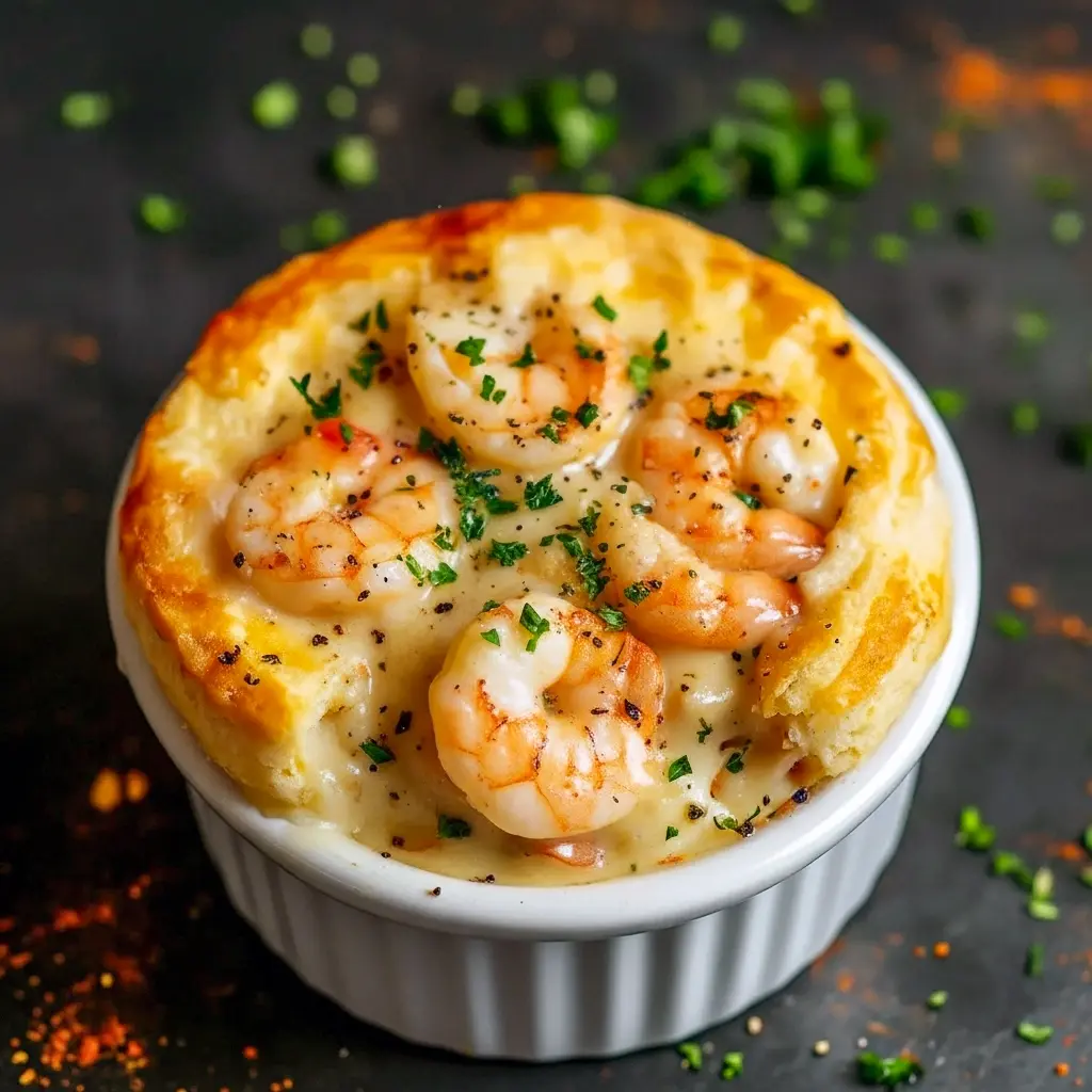 Golden-brown cheddar-biscuit topped pot pie split open to reveal creamy lobster and shrimp filling, garnished with parsley, Fancy Food Ideas.