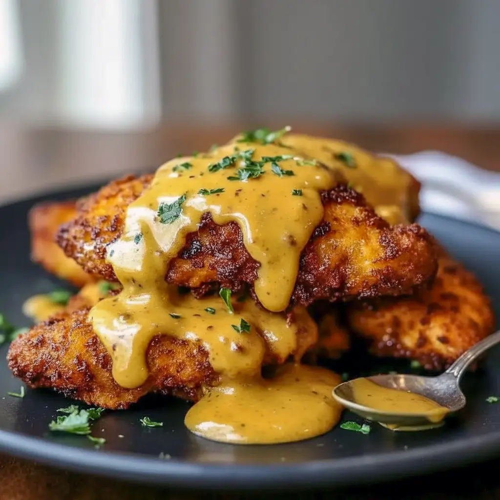 Golden, crunchy Pretzel Chicken breast sliced and topped with creamy mustard-cheddar sauce, plated for a cozy Family Dinner.