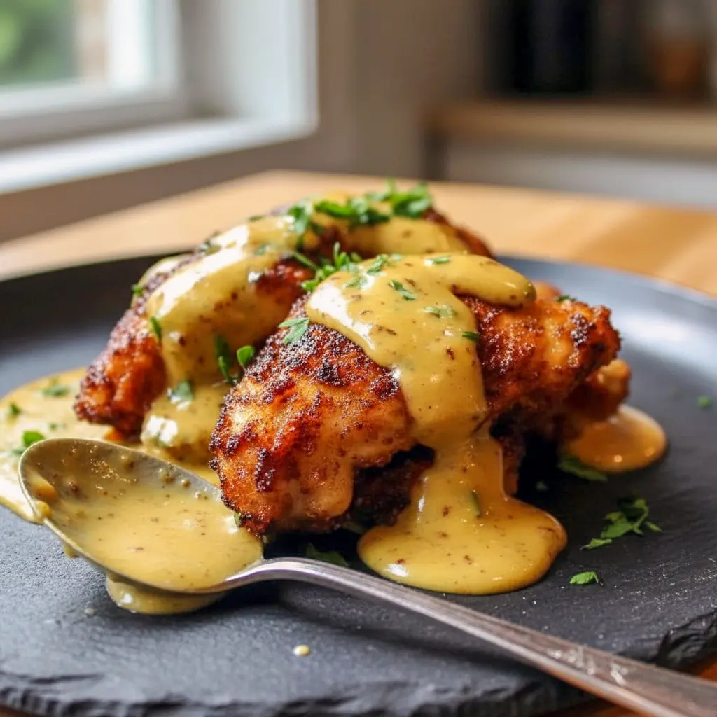 Golden, crunchy Pretzel Chicken breast sliced and topped with creamy mustard-cheddar sauce, plated for a cozy Family Dinner.