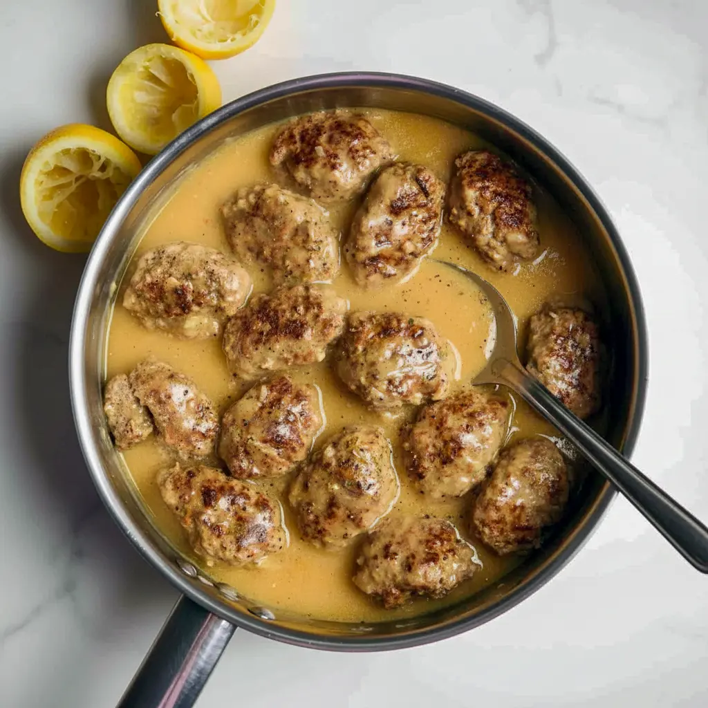 Close-up of golden, lemon-glazed keftedes on a platter with lemon wedges and herbs — Tasty Meatballs Recipe.