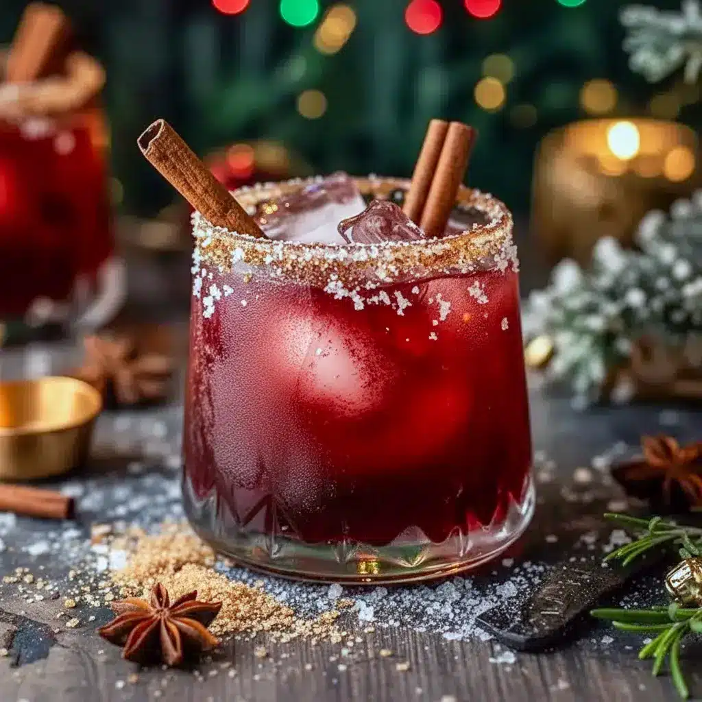 Spiced Christmas Margarita in a rocks glass with cinnamon-sugar rim, rosemary sprig, and pomegranate seeds.