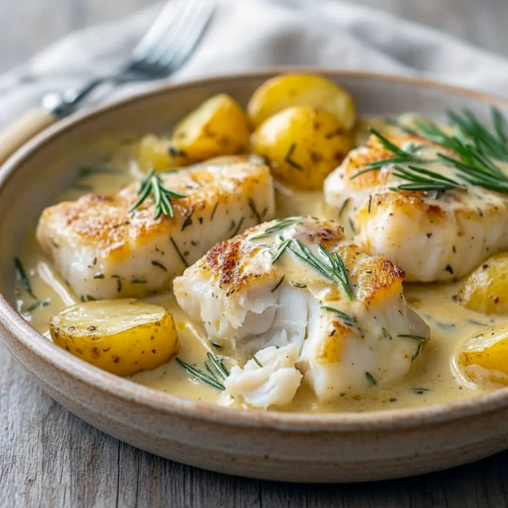 Flaky cod fillet on roasted potatoes topped with creamy rosemary-lemon sauce.