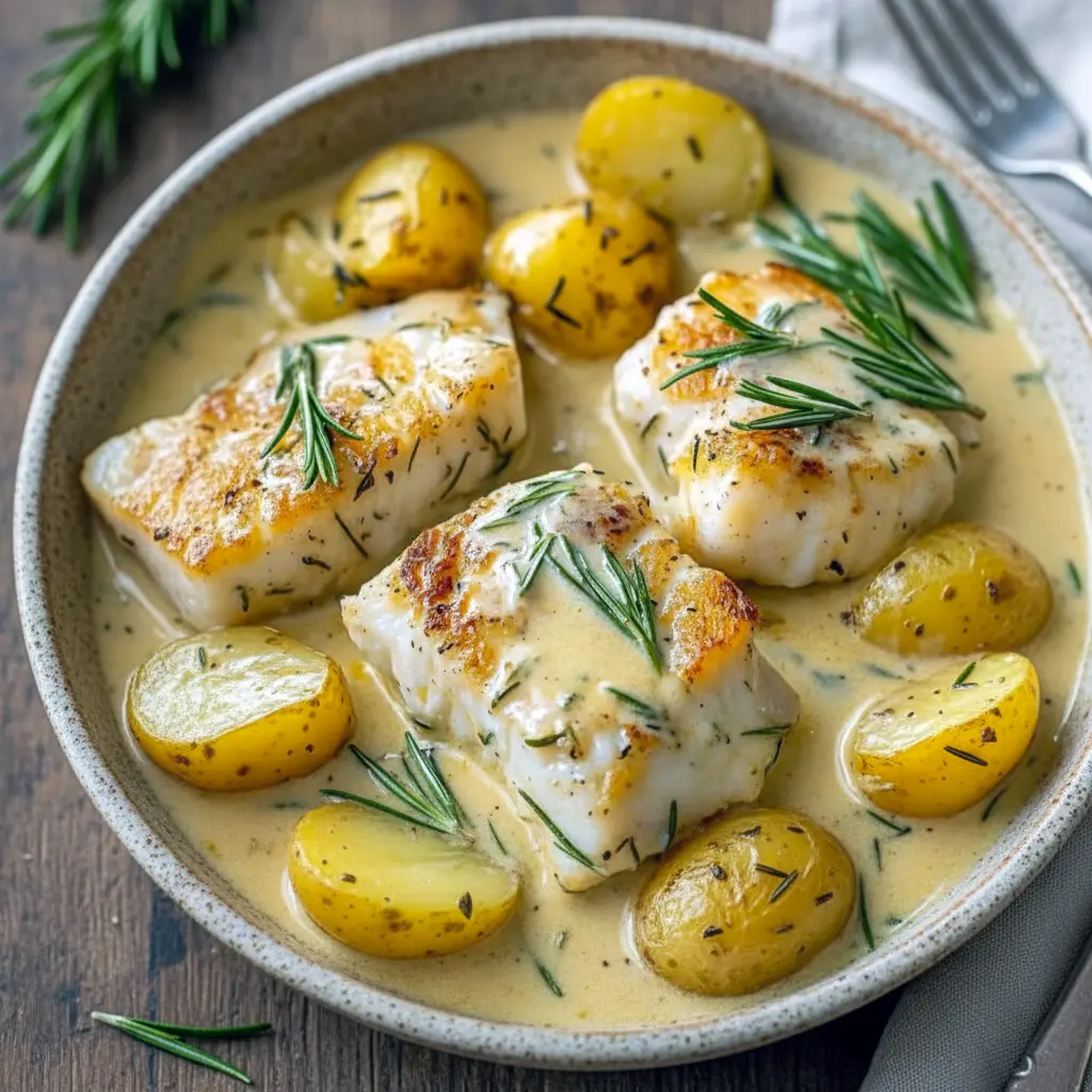 Flaky cod fillet on roasted potatoes topped with creamy rosemary-lemon sauce.