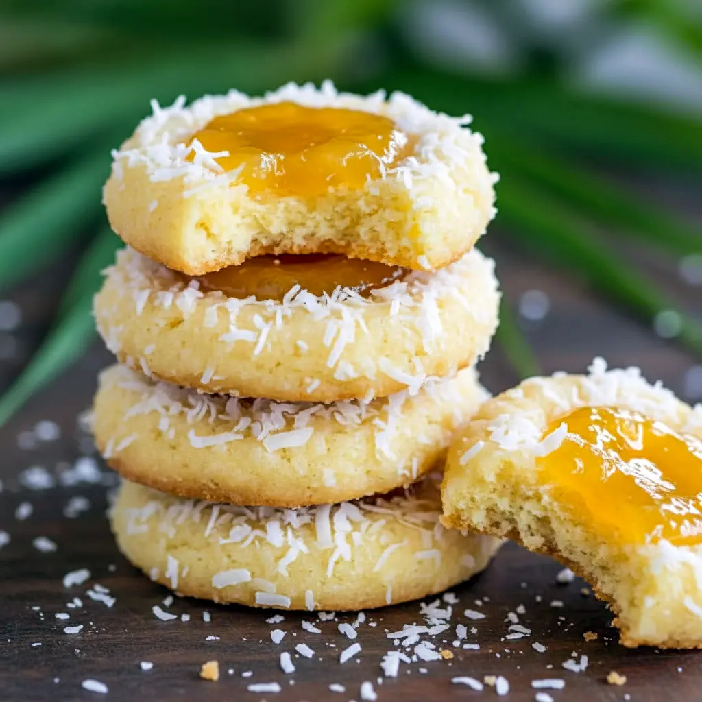 Close-up of a tropical thumbprint cookie with pineapple jam and toasted coconut, a tasty and Pineapple Dessert Easy treat that pairs surprisingly well with a playful Butterbeer Recipe on a themed dessert table.