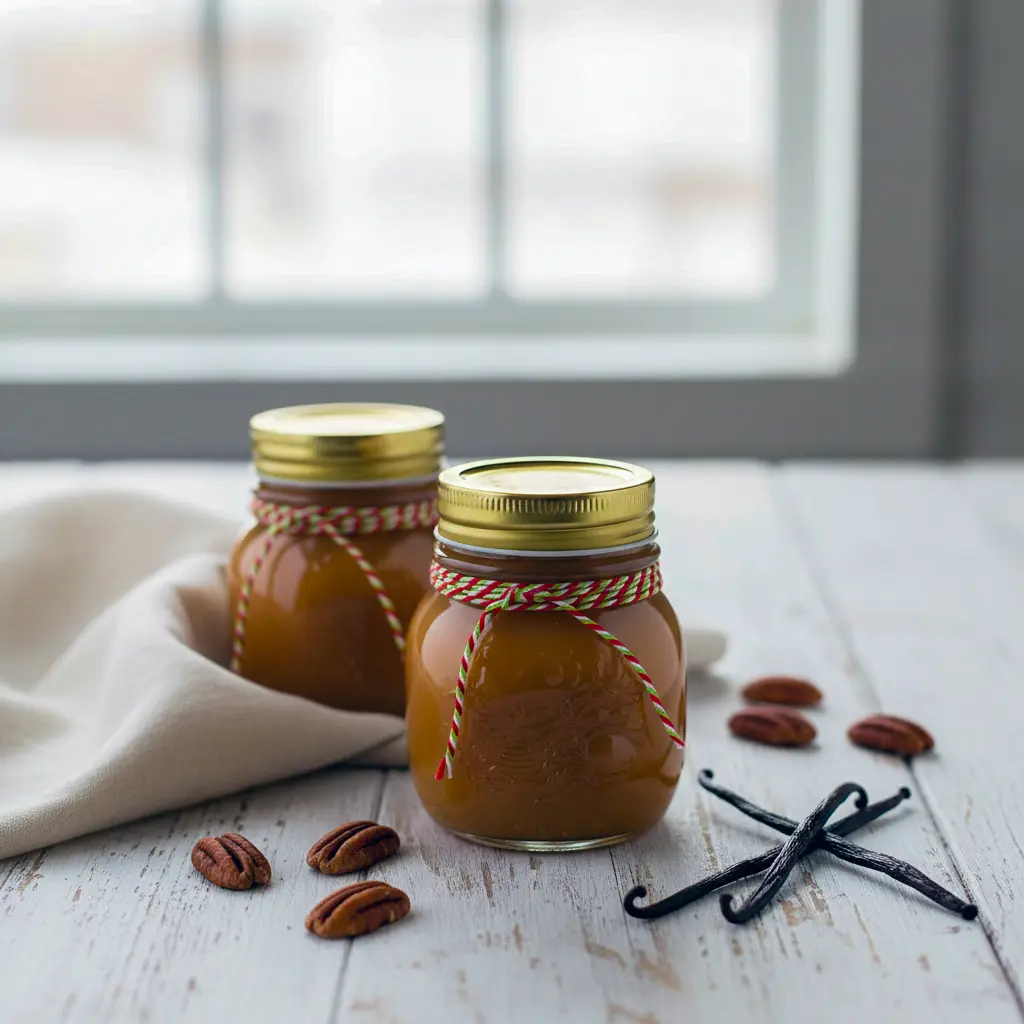 Close-up of a small glass jar of warm bourbon caramel sauce, spoon dripping amber sauce, tied with twine and a kraft gift tag, Recipes For Gifts.