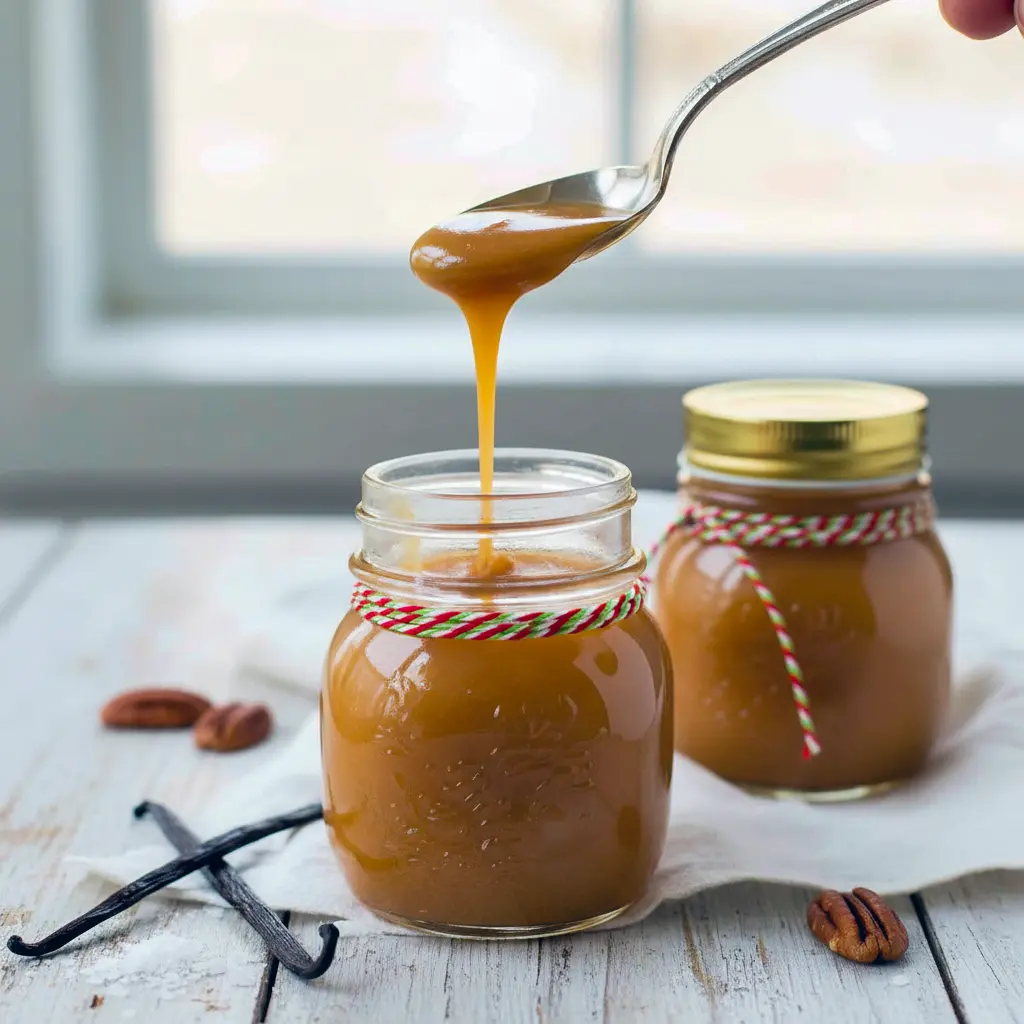 Close-up of a small glass jar of warm bourbon caramel sauce, spoon dripping amber sauce, tied with twine and a kraft gift tag, Recipes For Gifts.