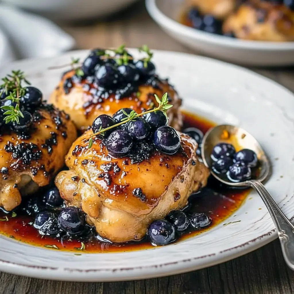 Close-up of tender Blueberry Thyme Chicken glazed in a rich blueberry-thyme sauce, plated with fresh herbs and styled for Fruit And Meat Recipes, Blueberry Chicken Recipes, and Blueberry Dinner Recipes, with visual inspiration similar to Nyt Recipes, Inspired Taste Recipes, Blue Recipes, Period Dinner Ideas, and American Test Kitchen Recipes.