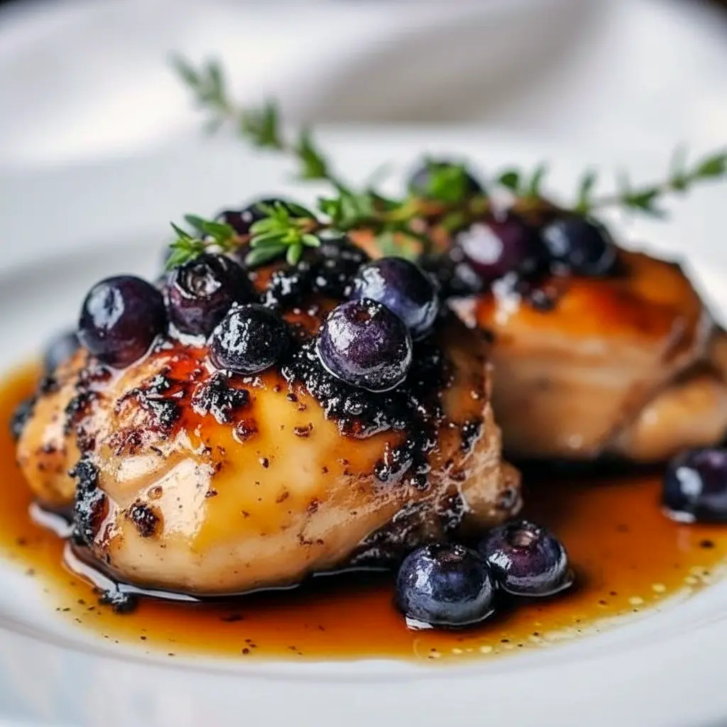 Close-up of tender Blueberry Thyme Chicken glazed in a rich blueberry-thyme sauce, plated with fresh herbs and styled for Fruit And Meat Recipes, Blueberry Chicken Recipes, and Blueberry Dinner Recipes, with visual inspiration similar to Nyt Recipes, Inspired Taste Recipes, Blue Recipes, Period Dinner Ideas, and American Test Kitchen Recipes.