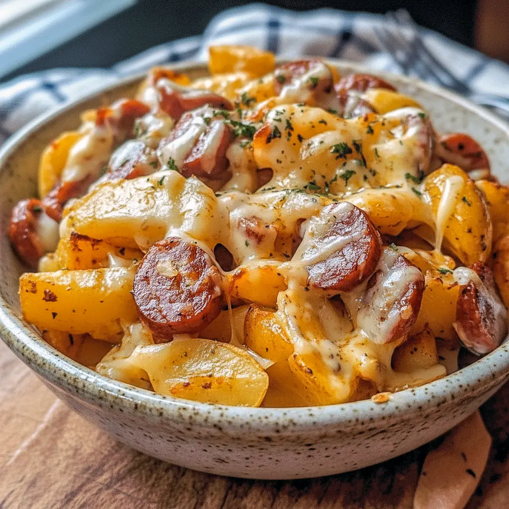 Sheet-pan of golden, cheesy potatoes studded with browned smoked sausage, melted cheddar, and fresh parsley — an easy, hearty weeknight meal.