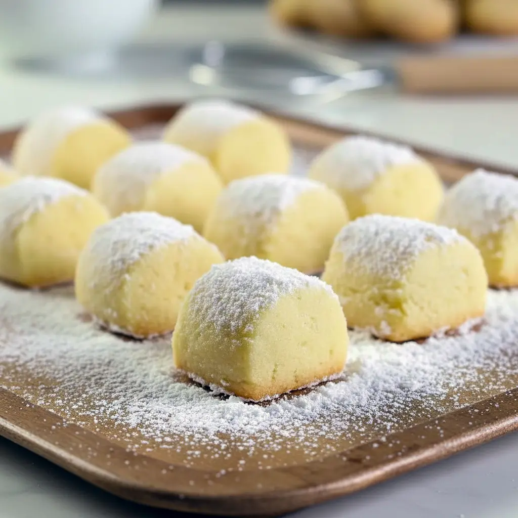 Powdered sugar–dusted butter cookies on a festive plate, showing the tender, crumbly texture and golden edges — perfect holiday melt-in-your-mouth treats, Melt In Your Mouth Cookies.