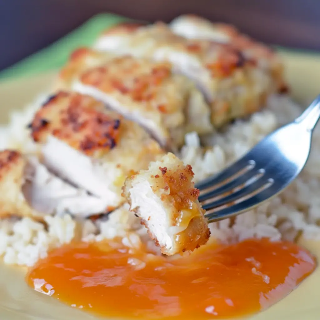 Golden crispy Coconut Chicken served with a glossy apricot mustard dipping sauce on a plate with rice, a delicious twist on Chicken Dinner Recipes, inspired by tropical Apricot Recipes and restaurant-style Chicken Main Dishes, perfect for Poultry Recipes lovers looking for simple Chicken Dishes Recipes, easy Main Meals, and fun alternatives to Turkey Recipes, similar to a homemade Pollo Loco meal.
