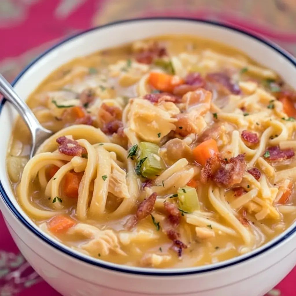 Bowl of creamy crack chicken noodle soup topped with crispy bacon, melted cheddar, and chopped parsley, ready to spoon.
