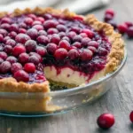 Slice of festive pie on a plate, garnished with fresh cranberries and orange zest — a top Cranberry Recipes pick for Noel Christmas menus and a classic Pie Dessert shot, Cranberry Cheesecake Pie.