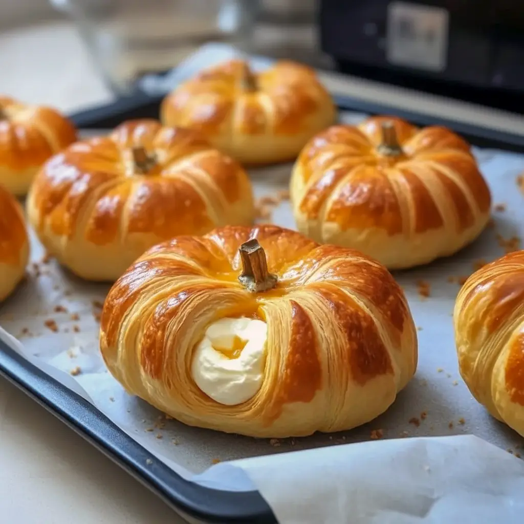 Golden, pumpkin-shaped crescent pastries filled with creamy pumpkin and cream cheese, each topped with a pretzel stem on a parchment-lined tray, Crescent Pumpkins With Cream Cheese.