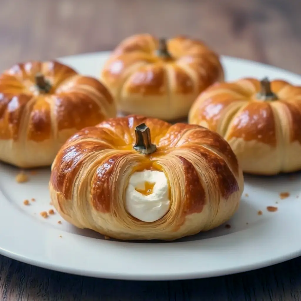 Golden, pumpkin-shaped crescent pastries filled with creamy pumpkin and cream cheese, each topped with a pretzel stem on a parchment-lined tray, Crescent Pumpkins With Cream Cheese.