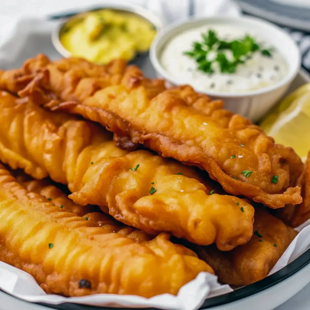 Golden fillets with a super-crispy coating on a wire rack, served with lemon wedges and a bowl of tartar sauce, Crispy Battered Fish.