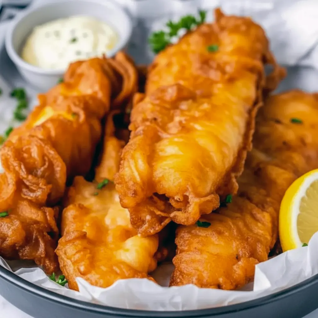 Golden fillets with a super-crispy coating on a wire rack, served with lemon wedges and a bowl of tartar sauce.