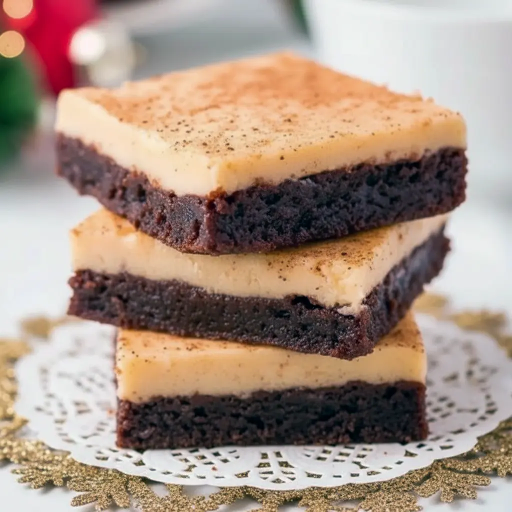 Close-up of chilled Eggnog Brownies topped with a dusting of nutmeg and a swirl of whipped cream.